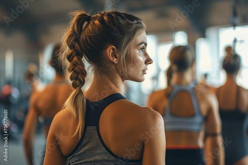 Young woman training at the gym in an aerobics class with other people in the background. healthy living. Generative AI