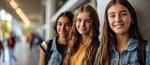 three students smile at camera girl in center. with copy space image. Place for adding text or design