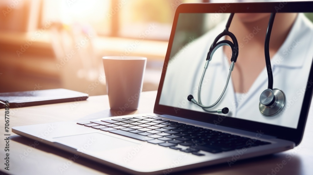 Closeup of a telemedicine app icon on a laptop screen, indicating a virtual consultation in progress. Closeup of a telemedicine app icon on a laptop screen, indicating a virtual consultation in progress.