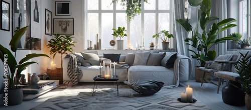 Plants and carpet in white living room interior with candles next to grey couch Real photo. with copy space image. Place for adding text or design