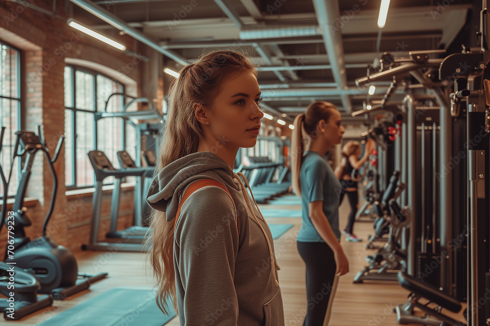Young woman at the gym with copy space. Generative AI