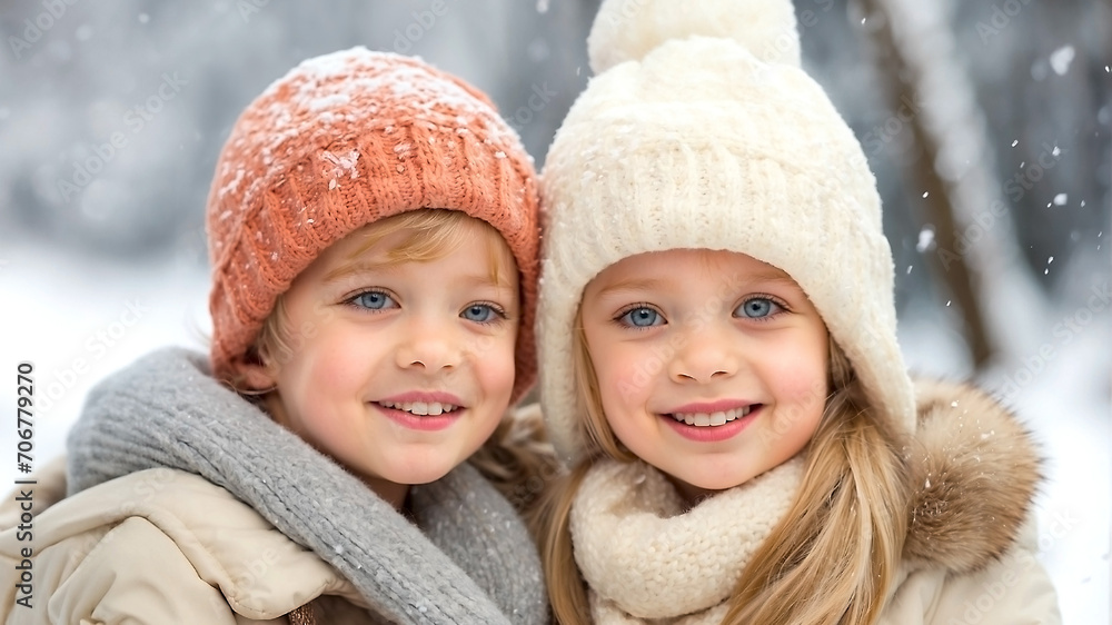 Kids Winter Snow Caps Smiling Kids Winter Snow Caps Smiling