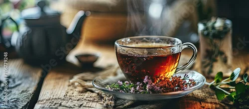 Panel kuchenny z motywem Tea cup audiohealing stress relief and earphones Herbal tea aesthetic tea time Feminine meditative calm lifestyle. with copy space image. Place for adding text or design