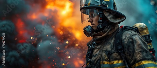 Professional firefighter s posture and expression reflect a sense of pride and accomplishment embodying the courage and determination required in his line of duty. with copy space image