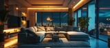 Night scene of a stylish and modern living room. with copy space image. Place for adding text or design