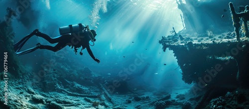 scuba diver professional diving in a shipwreck. with copy space image. Place for adding text or design photo