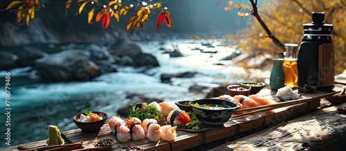 Sushi brunch with apple cider by the river in Old Manali. with copy space image. Place for adding text or design