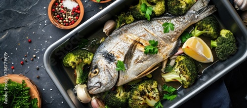 Salmon Baked roasted fish steaks slices Grilled salmon trout fillet fish in marinade with broccoli in baking dish Diet meal dinner Top view. with copy space image. Place for adding text or design photo