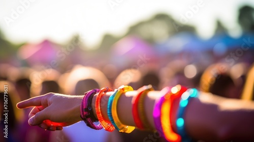 Closeup of a line of colorful wristbands, commonly used as a form of entrance and identification at music festivals. photo