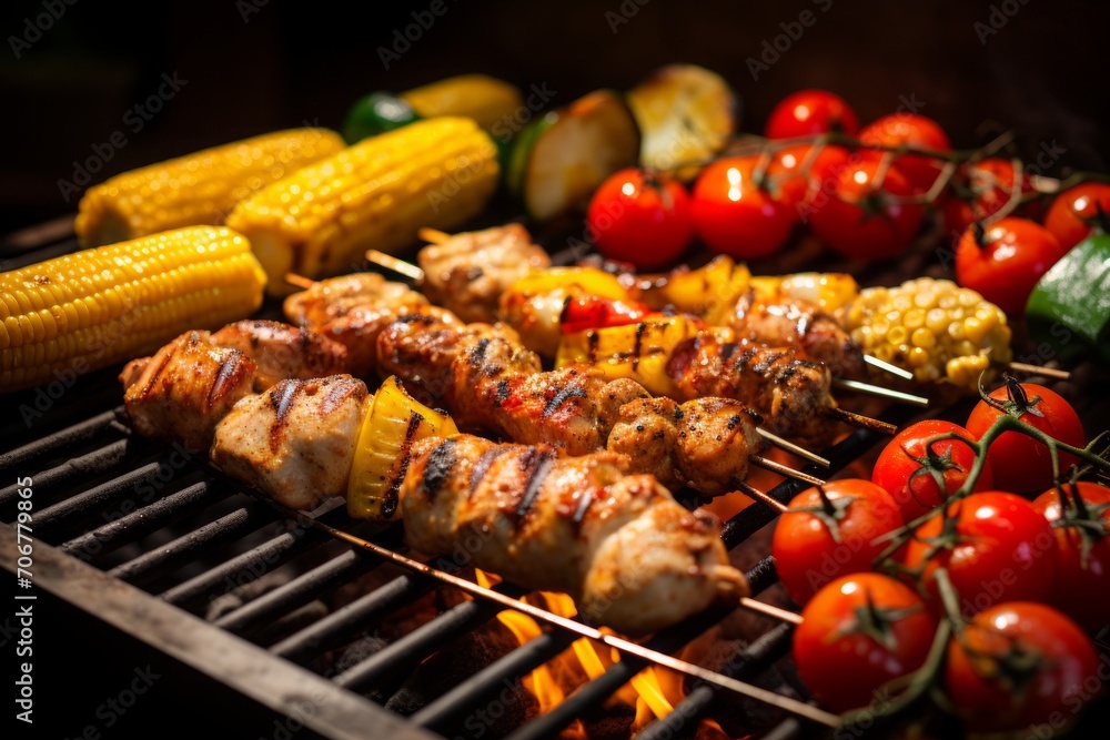 Chicken and Vegetables with Chicken on Skewers Cooking on a Grill