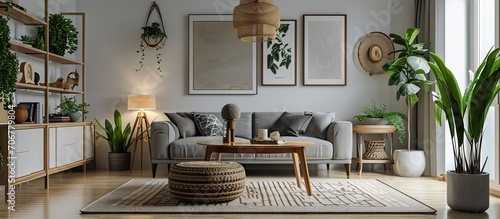 Stylish scandi compostion at living room interior with design gray sofa wooden coffee table shelf cube carpet rattan pouf plants picture frame table lamp and elegant accessories in home decor photo