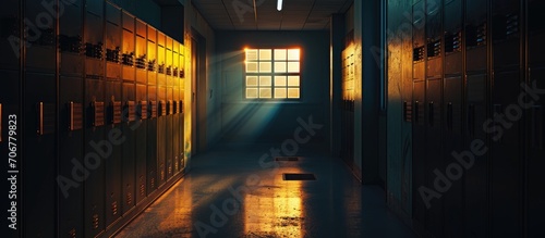 Rows of lockers dipped in shadow with a single bright lit window at the end of the hallway. with copy space image. Place for adding text or design photo