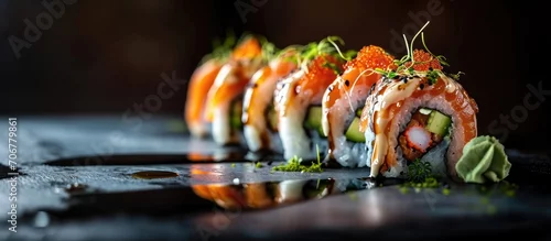 Obraz  z motywem Philadelphia roll sushi with salmon prawn avocado cream cheese Sushi menu. with copy space image. Place for adding text or design