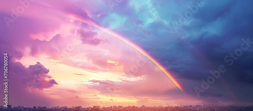 Rainbow in the city after the rain pastel color sky. with copy space image. Place for adding text or design