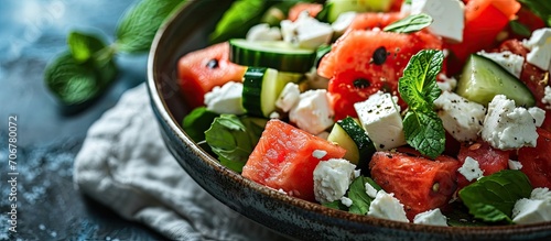 Summer salad with watermelon mint cucumber and feta cheese close up Shadows. with copy space image. Place for adding text or design photo