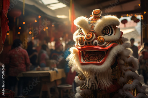 chinese dragon dance costume at the town bokeh style background