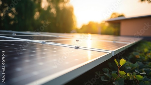 Closeup of a solar panel system installed on the roof of a tiny home, providing energy for the community.