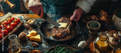 Overhead shot of chef preparing ribeye with butter thyme and garlic Keto diet. with copy space image. Place for adding text or design photo