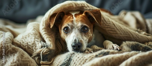 sad dog lies in a blanket J...
