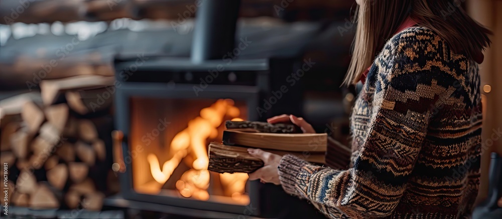 Stylish woman in knitted sweater putting firewood to modern black fireplace with warm fire Cozy warm moments at cold season Hipster female relaxing in comfortable cabin in mountains