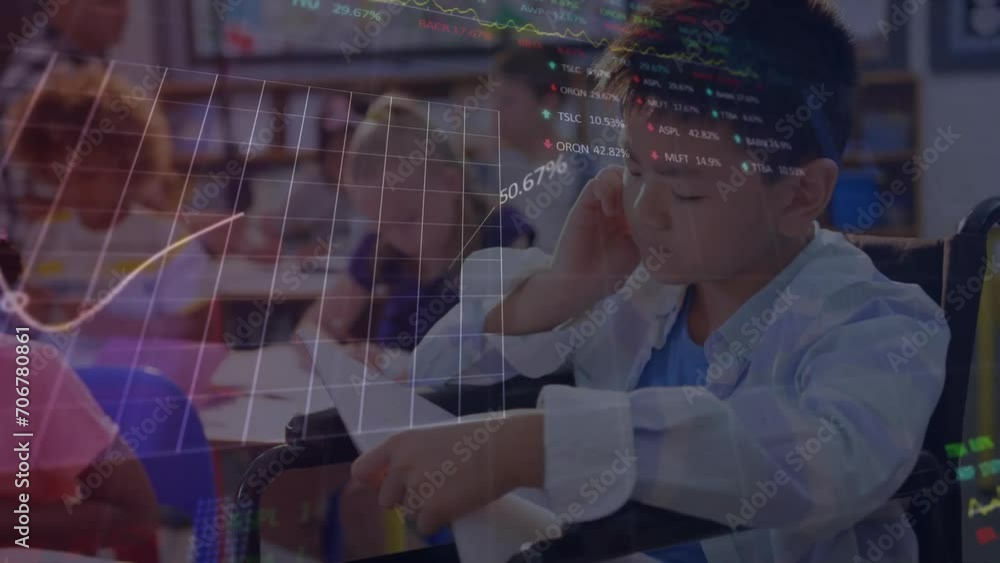 Animation of statistics and data processing over diverse school children in classroom Animation of statistics and data processing over diverse school children in classroom