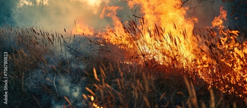 Spring forest fires are raging Burning dry grass reeds in the field Grass is on fire in the meadow Ecological catastrophy Firefighters extinguished a large fire. with copy space image photo