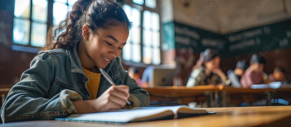 Smiling schoolgirl writing in notebook during lesson in classroom. with copy space image. Place for adding text or design