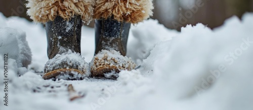 Snow building up on the legs of a poodle while wearing rubber boots to protect their feet. with copy space image. Place for adding text or design