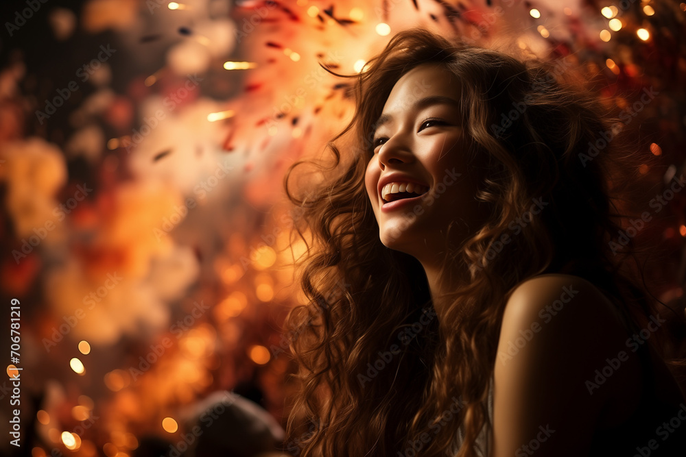 Chinese Woman in Celebration, Enthusiastic Celebration Young Lady Embracing Chinese Lunar New Year 2024 Amidst Spectacular Fireworks