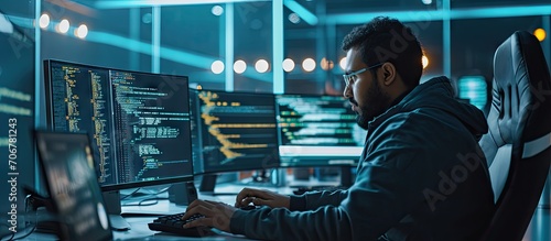 Muslim guy working with code and AI interface on a desktop computer He is a professional developer managing data on a networked server in a cloud based data center. with copy space image photo