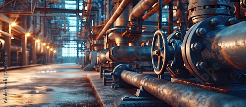 Oil and Gas Industrial zone The equipment of oil refining Close up of industrial pipelines of an oil refinery plant Detail of oil pipeline with valves in large oil refinery. with copy space image photo