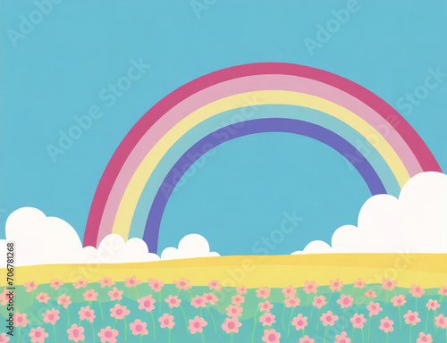 花畑のある丘から見える虹がかかった空のイラスト