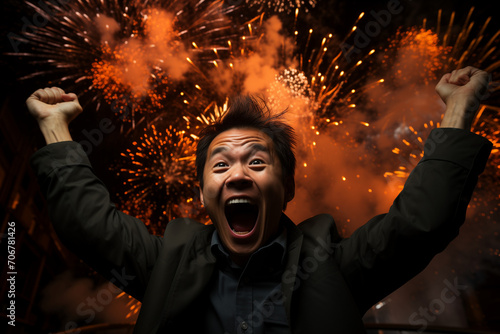 Chinese Man in Celebration, Young Man Immersed in the Festivities of Chinese New Year 2024 with Fireworks