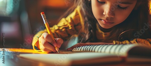 preteen girl with pencil writing in notebook on blurred foreground. with copy space image. Place for adding text or design photo