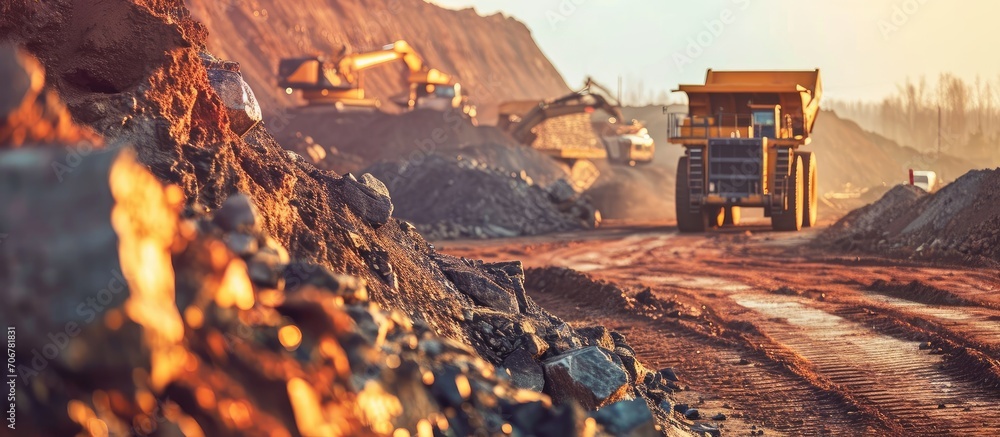 quarry extracting iron ore with heavy trucks excavators diggers and locomotives. with copy space image. Place for adding text or design - obrazy, fototapety, plakaty 