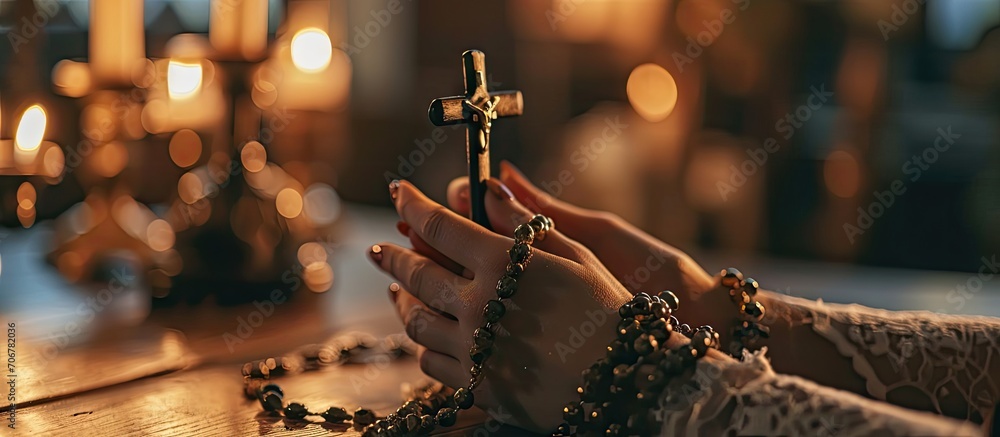 Rosary cross person hands and prayer beads in home with faith christian praise and religion Praying necklace and worship in house with hope gratitude and spiritual guide for support and healing - obrazy, fototapety, plakaty 
