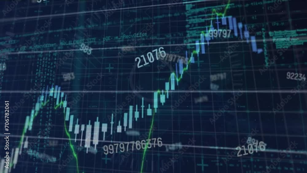 Animation of financial data processing over grid on dark background Animation of financial data processing over grid on dark background