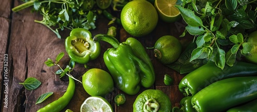 table with green peppers an...