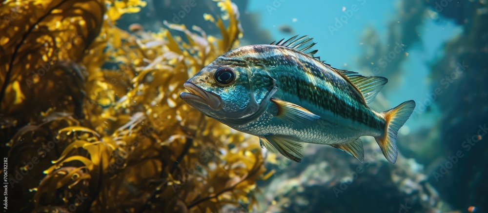 Fototapeta premium Striped sea perch swimming over kelp forest. with copy space image. Place for adding text or design