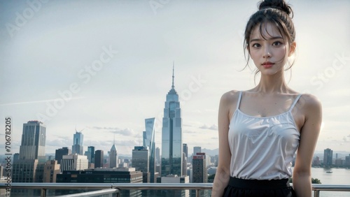 Asian pretty woman model skyscraper