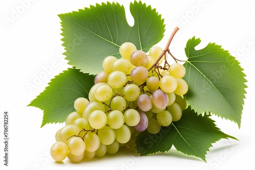 Bunch of white grapes with green leaves isolated on white background.