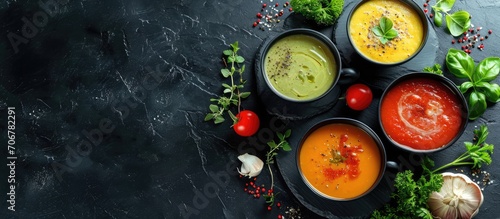 Tomato soup or gazpacho at black table Summer cold vegan food. with copy space image. Place for adding text or design