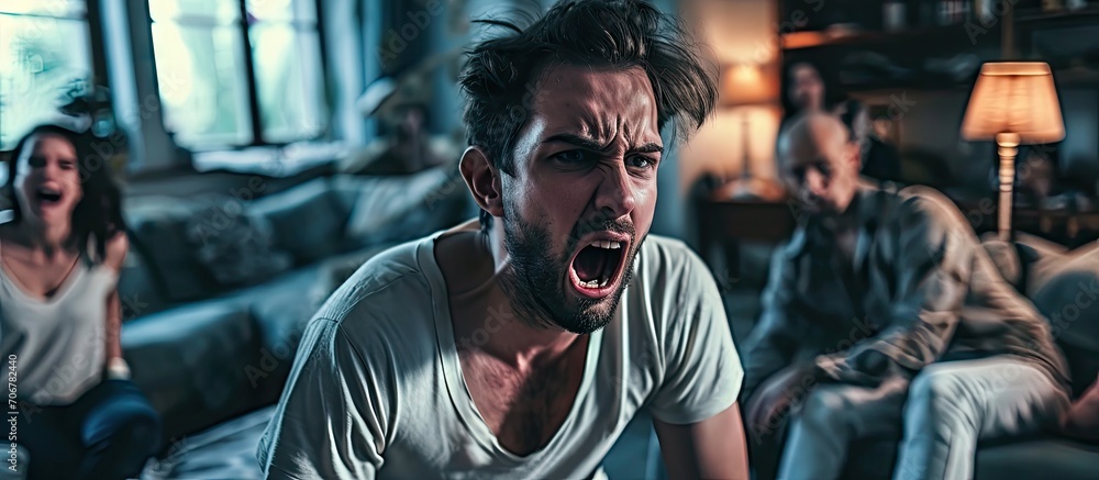 Scared mother and daughter hugging each other sitting on sofa while aggressive standing father angrily yells at them at home Angry young man scolding raising voice scream at family Scared mother and daughter hugging each other sitting on sofa while aggressive standing father angrily yells at them at home Angry young man scolding raising voice scream at family