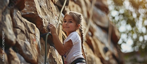 rock climbing training takes place regularly in the children s rehabilitation center for children with diseases and developmental disabilities girl in a white shirt and a long pigtail photo