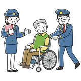 車椅子の乗客を案内する男性駅員と女性駅員