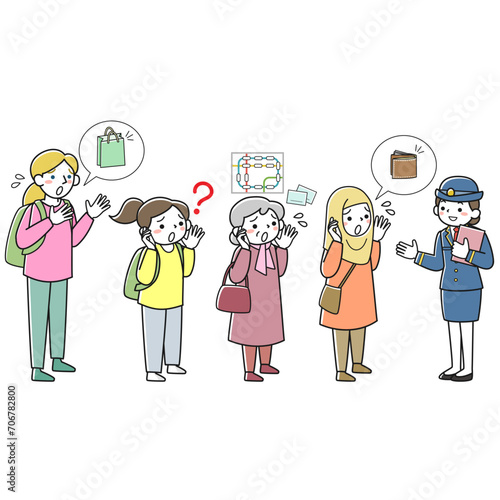 駅で困っている人々と女性駅員のセット
