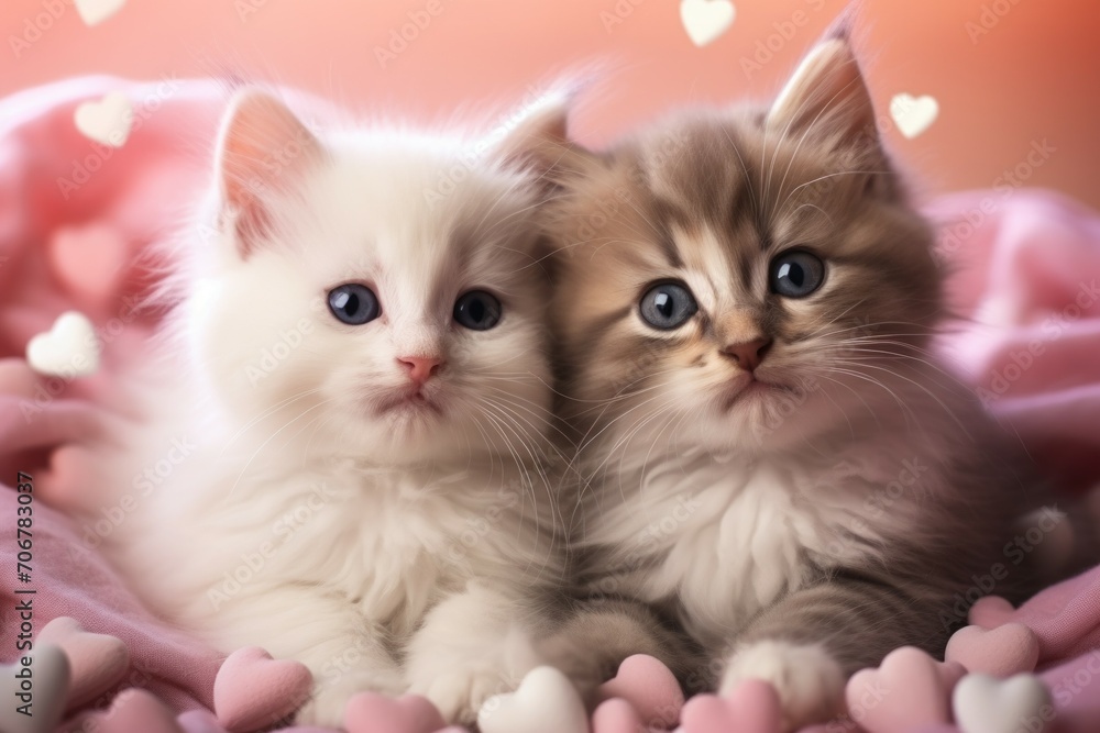 Couple of cute kittens, romance concept. Background with selective focus and copy space Couple of cute kittens, romance concept. Background with selective focus and copy space