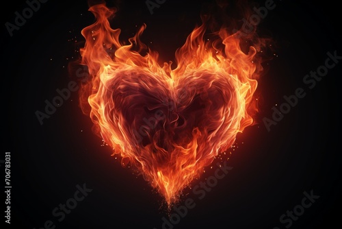 Fire flame in the shape of a heart. Background with selective focus with copy space