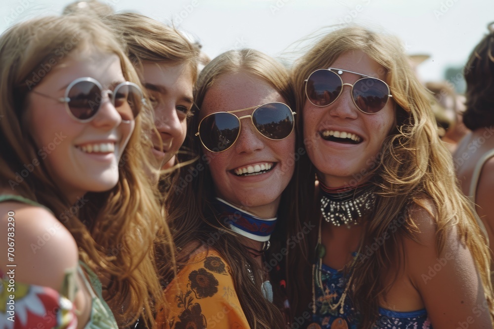 Free Spirits Unleashed: A 1960s Group Portrait, Capturing the Happy Gathering at Woodstock - Young People Embracing Music, Counterculture, and the Joyful Liberation of the Free-Spirited Vibe.

