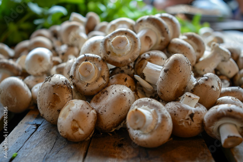 Meaty mushrooms. Background with selective focus and copy space